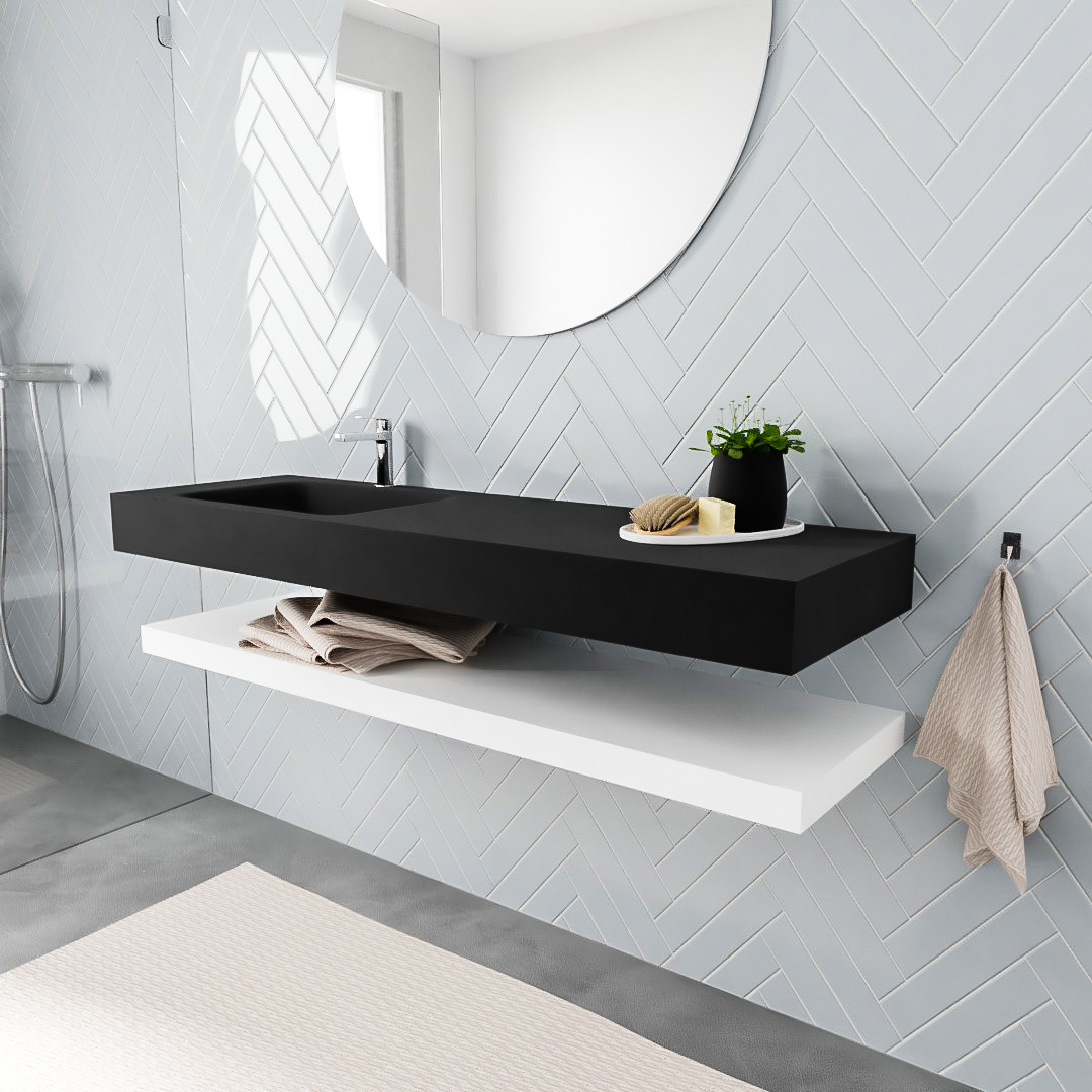 MONDIAZ ALAN 150cm solid surface estante Talc. Lavabo suspendido Izquierda 1 orificio, color Urban. 1 MONDIAZ ALAN 150cm solid surface estante Talc. Lavabo suspendido Izquierda 1 orificio