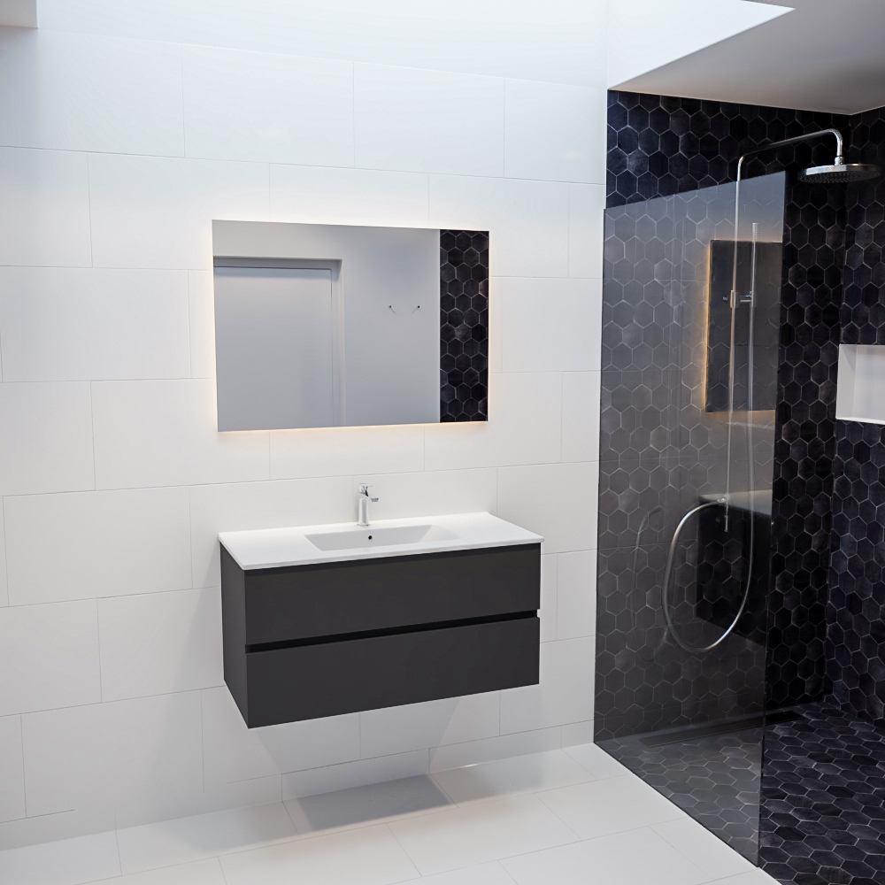 MONDIAZ VICA 100cm mueble de baño Dark Grey 2 cajones lavabo DENIA Centro 1 orificio con espejo LED. 3 MONDIAZ VICA 100cm mueble de baño Dark Grey 2 cajones lavabo DENIA Centro 1 orificio con espejo LED. - Imagen 3