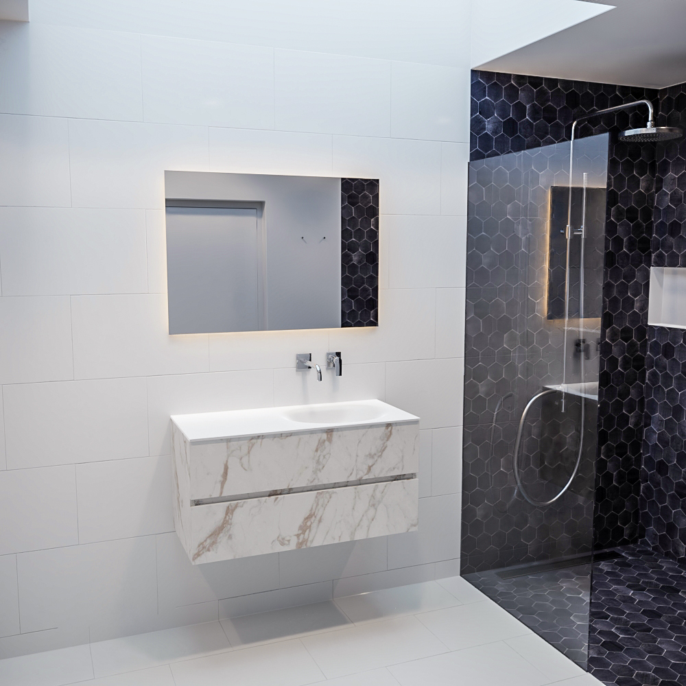 MONDIAZ VICA 100cm mueble de baño Carrara 2 cajones lavabo MOON Derecho sin orificio con espejo LED. 3 MONDIAZ VICA 100cm mueble de baño Carrara 2 cajones lavabo MOON Derecho sin orificio con espejo LED. - Imagen 3