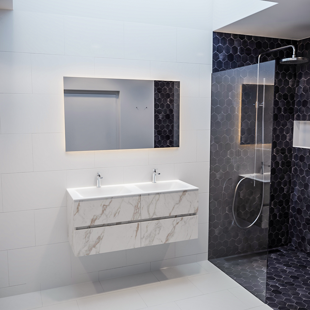 MONDIAZ VICA 120cm mueble de baño Carrara 4 cajones lavabo CLOUD Doble 2 orificios con espejo LED. 3 MONDIAZ VICA 120cm mueble de baño Carrara 4 cajones lavabo CLOUD Doble 2 orificios con espejo LED. - Imagen 3
