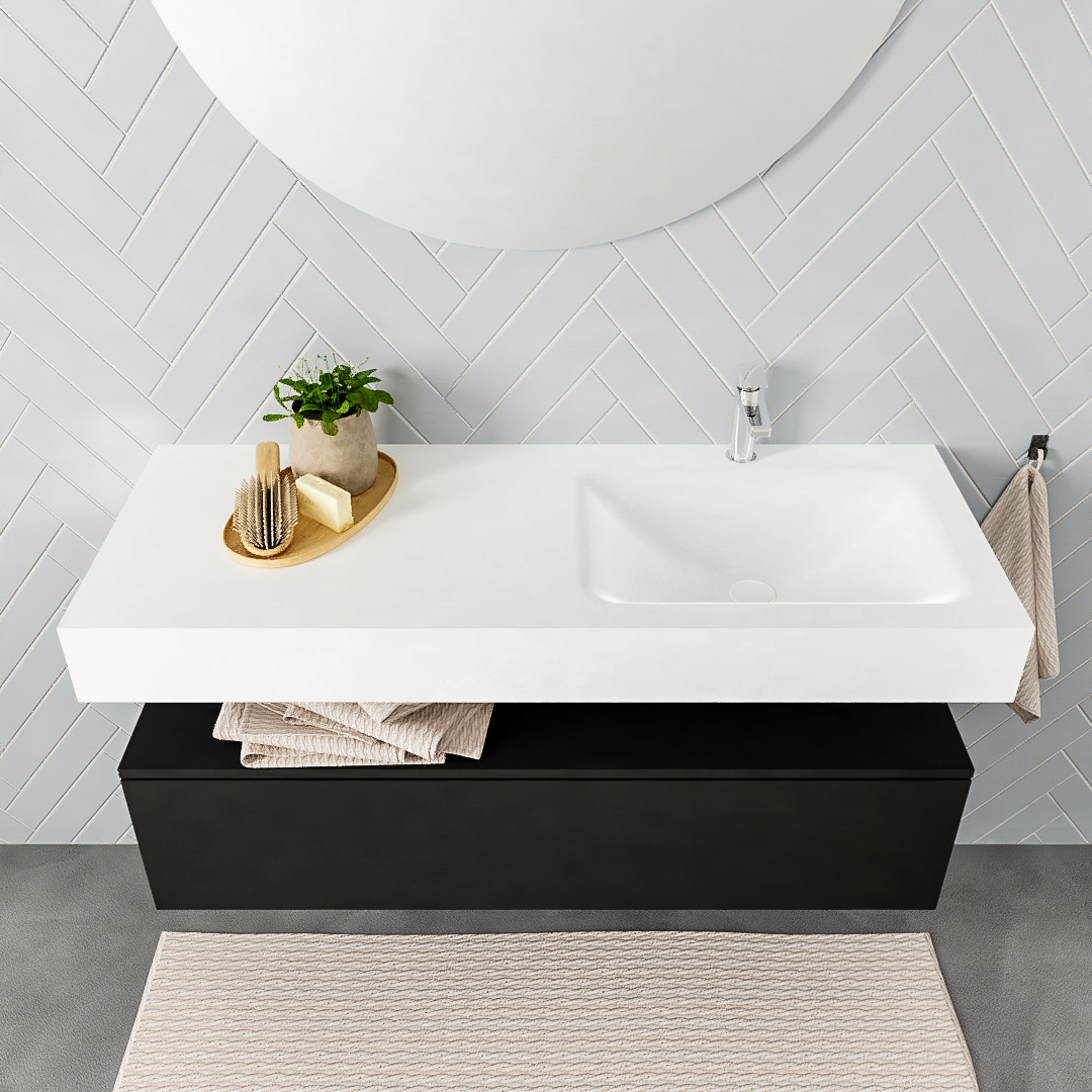 Mueble suspendido ALAN 120 cm de 1 cajón urban. Encimera con lavabo CLOUD derecha 1 orificio blanco mate - Imagen 8