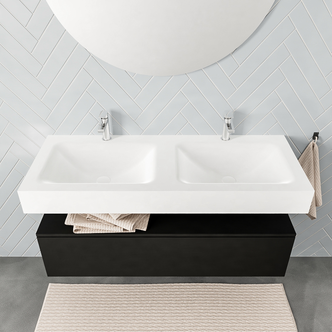 Mueble suspendido ALAN 120 cm de 1 cajón urban. Encimera con lavabo CLOUD doble 2 orificios blanco mate - Imagen 8