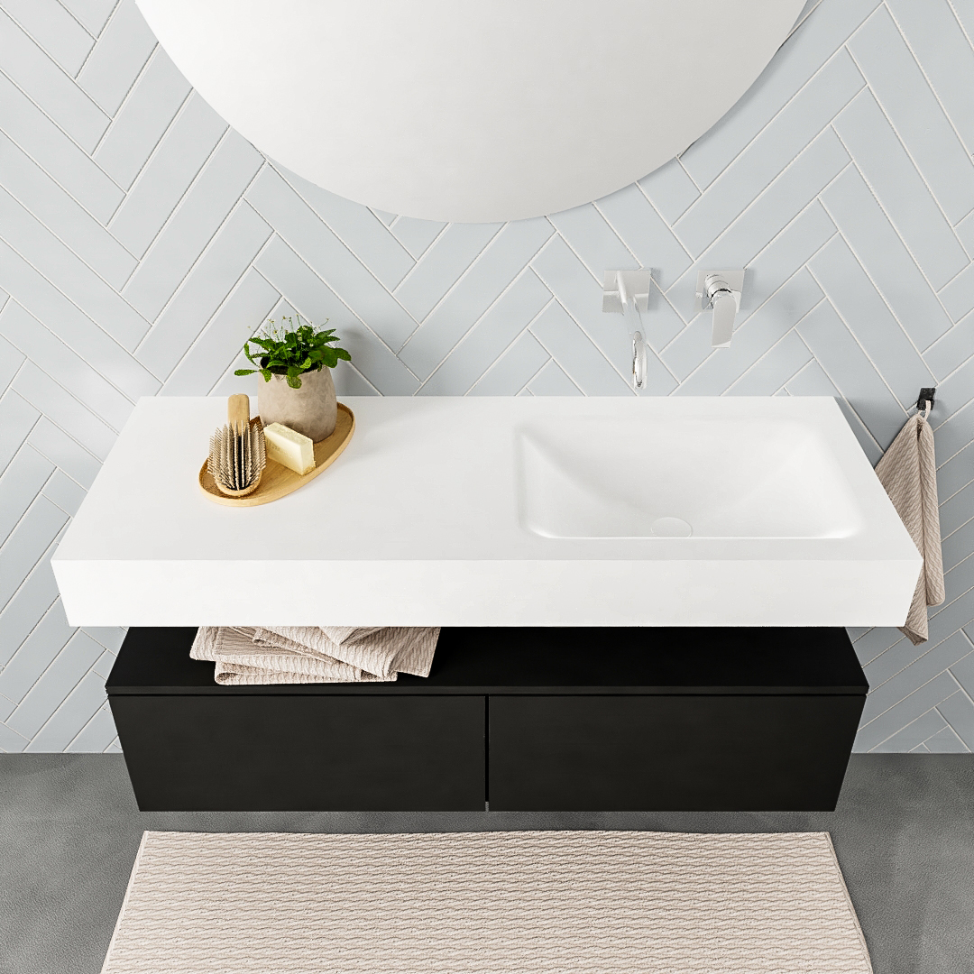 Mueble suspendido ALAN 120 cm de 2 cajones urban. Encimera con lavabo CLOUD derecha sin orificio blanco mate - Imagen 8