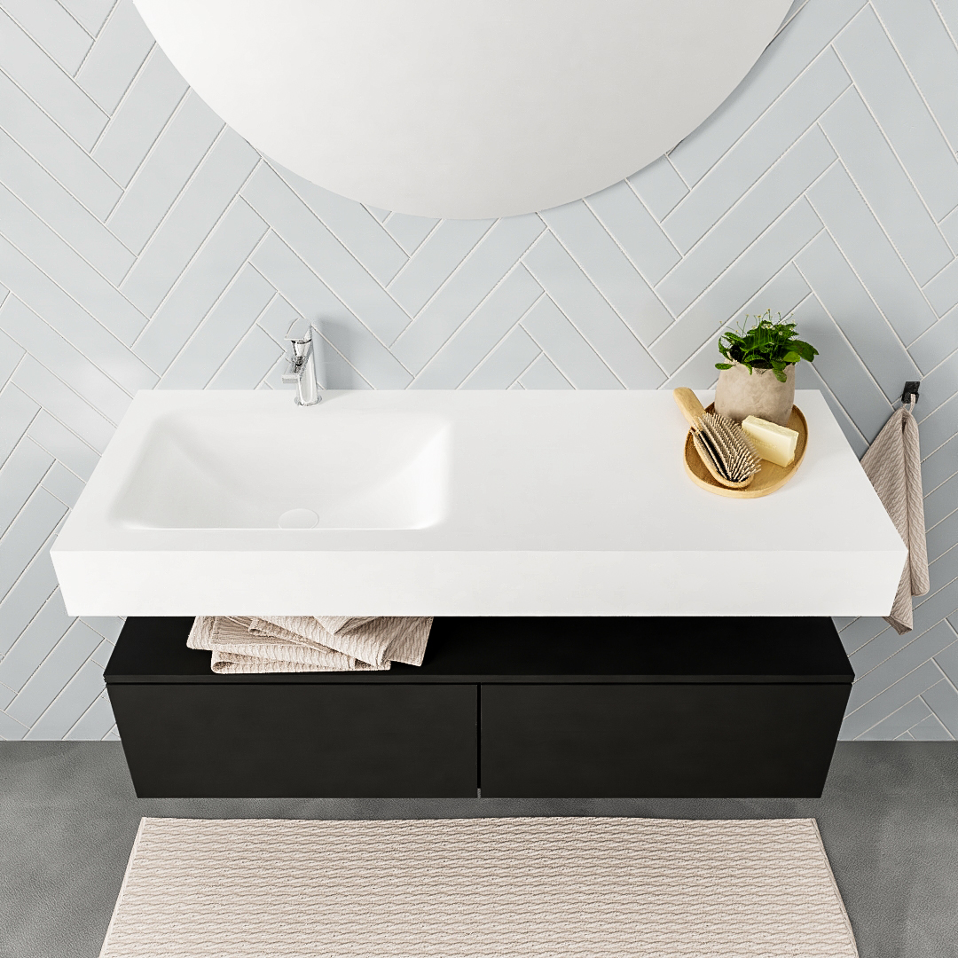 Mueble suspendido ALAN 120 cm de 2 cajones urban. Encimera con lavabo CLOUD izquierda 1 orificio blanco mate - Imagen 8
