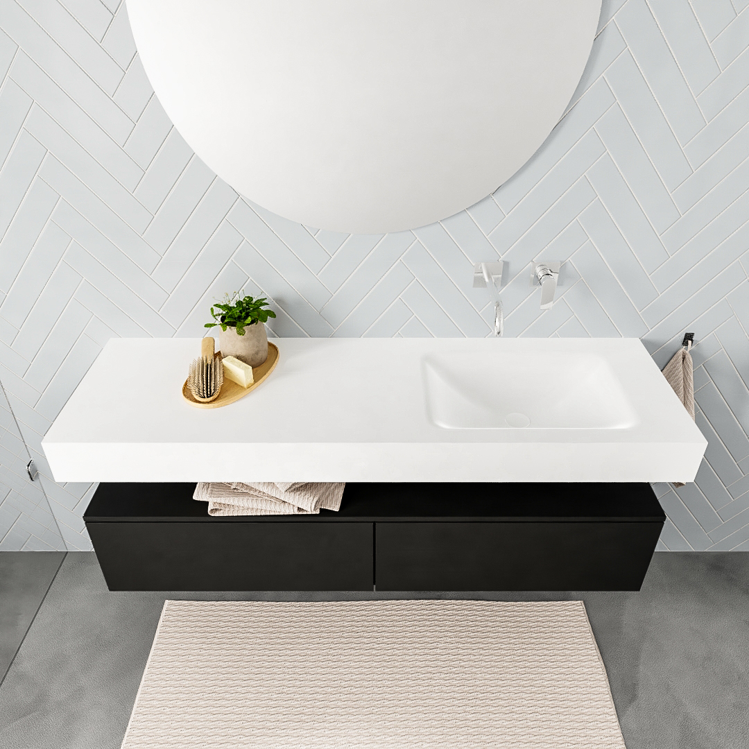 Mueble suspendido ALAN 150 cm de 2 cajones urban. Encimera con lavabo CLOUD derecha sin orificio blanco mate - Imagen 8