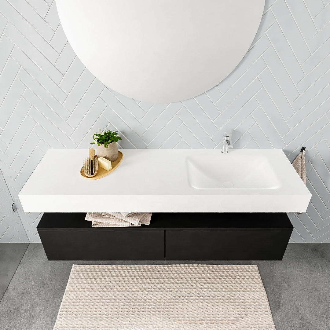 Mueble suspendido ALAN 150 cm de 2 cajones urban. Encimera con lavabo CLOUD derecha 1 orificio blanco mate - Imagen 8