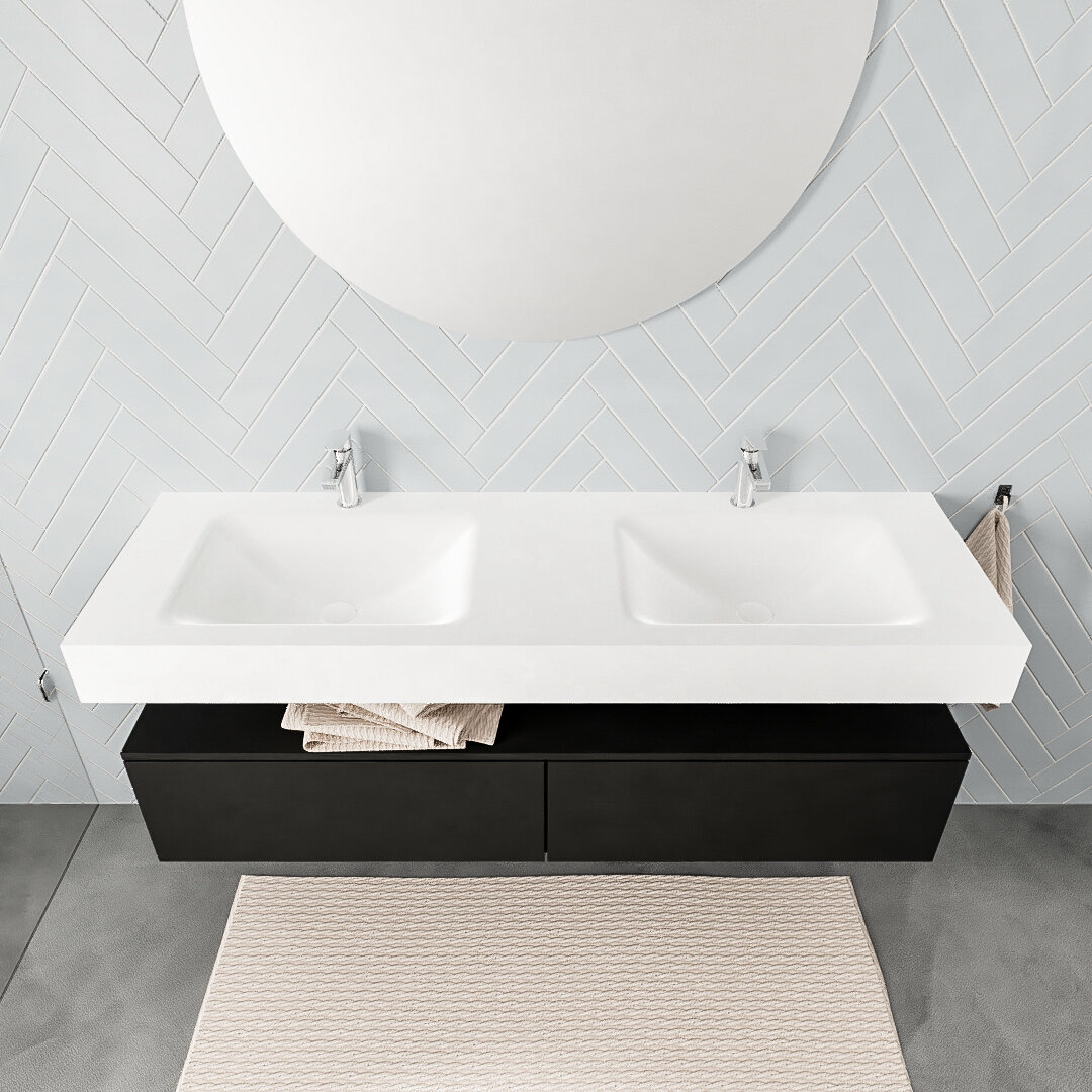 Mueble suspendido ALAN 150 cm de 2 cajones urban. Encimera con lavabo CLOUD doble 2 orificios blanco mate 8 Mueble suspendido ALAN 150 cm de 2 cajones urban. Encimera con lavabo CLOUD doble 2 orificios blanco mate - Imagen 8