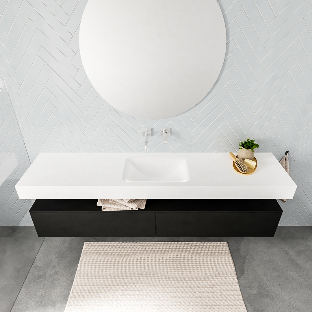 Mueble suspendido ALAN 200 cm de 2 cajones urban. Encimera con lavabo CLOUD centro sin orificio blanco mate - Imagen 8