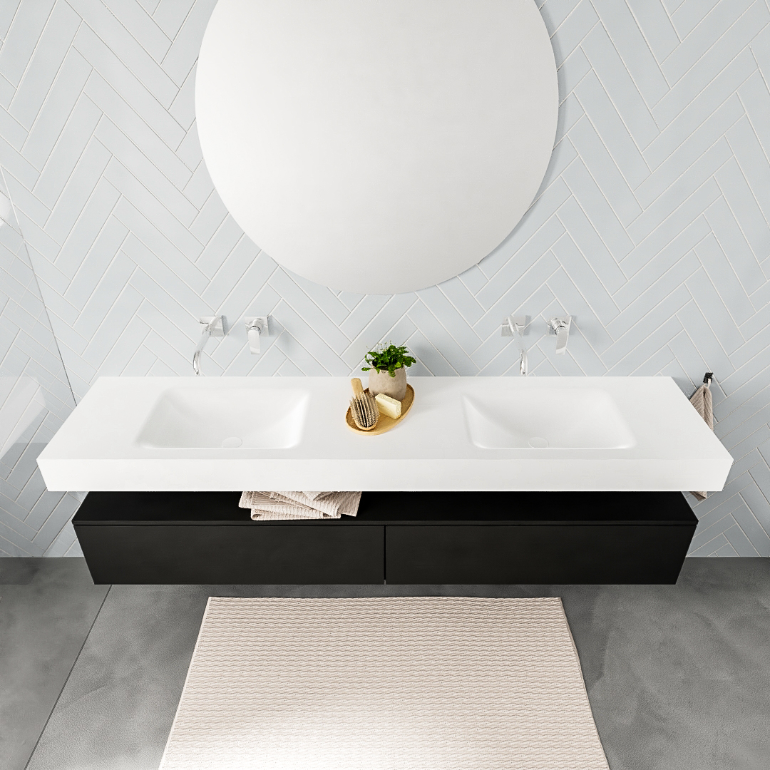 Mueble suspendido ALAN 200 cm de 2 cajones urban. Encimera con lavabo CLOUD doble sin orificio blanco mate - Imagen 8