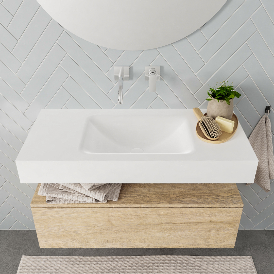 Mueble suspendido ALAN 100 cm de 1 cajón roble lavabo. Encimera con lavabo CLOUD centro sin orificio blanco mate - Imagen 7