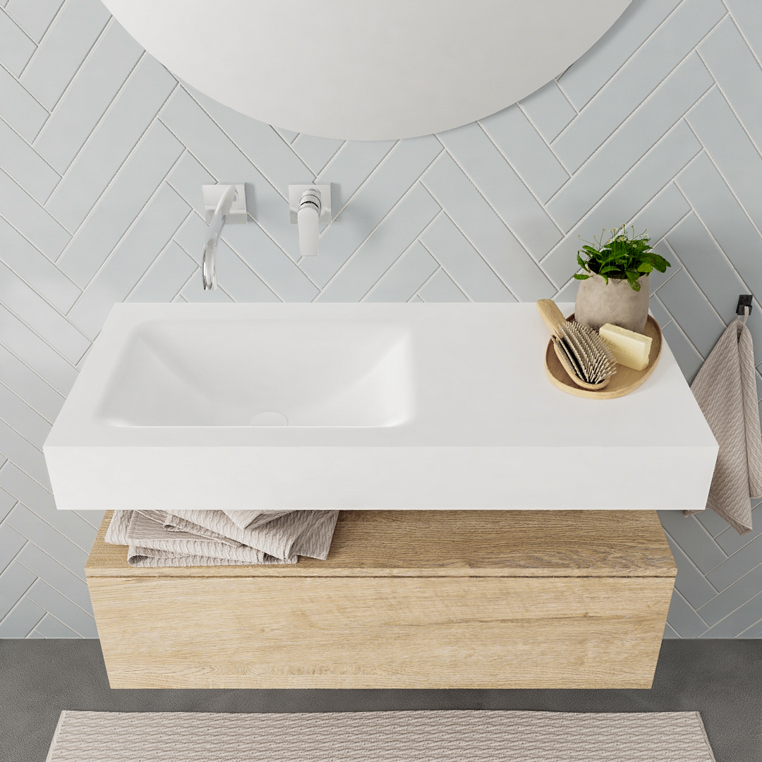 Mueble suspendido ALAN 100 cm de 1 cajón roble lavabo. Encimera con lavabo CLOUD izquierda sin orificio blanco mate - Imagen 7