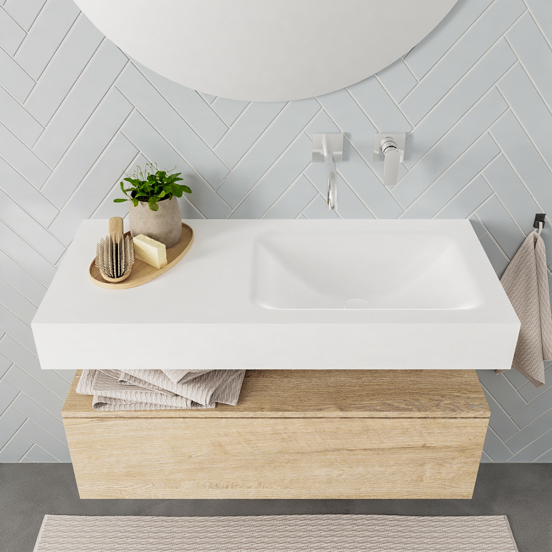 Mueble suspendido ALAN 100 cm de 1 cajón roble lavabo. Encimera con lavabo CLOUD derecha sin orificio blanco mate - Imagen 7