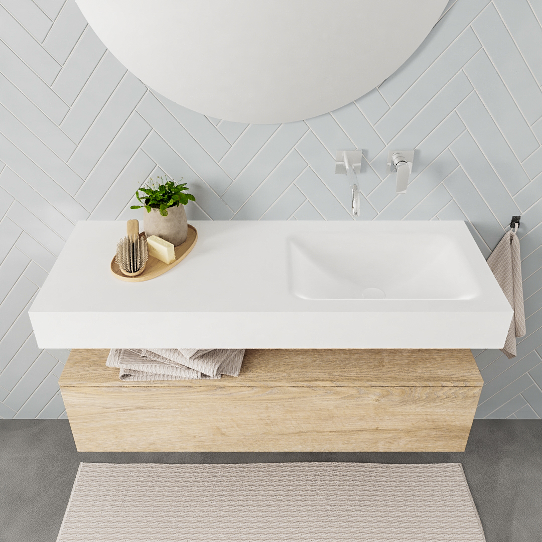 Mueble suspendido ALAN 120 cm de 1 cajón roble lavabo. Encimera con lavabo CLOUD derecha sin orificio blanco mate 7 Mueble suspendido ALAN 120 cm de 1 cajón roble lavabo. Encimera con lavabo CLOUD derecha sin orificio blanco mate - Imagen 7