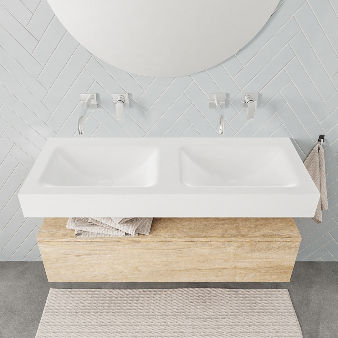 Mueble suspendido ALAN 120 cm de 1 cajón roble lavabo. Encimera con lavabo CLOUD doble sin orificio blanco mate 7 Mueble suspendido ALAN 120 cm de 1 cajón roble lavabo. Encimera con lavabo CLOUD doble sin orificio blanco mate - Imagen 7