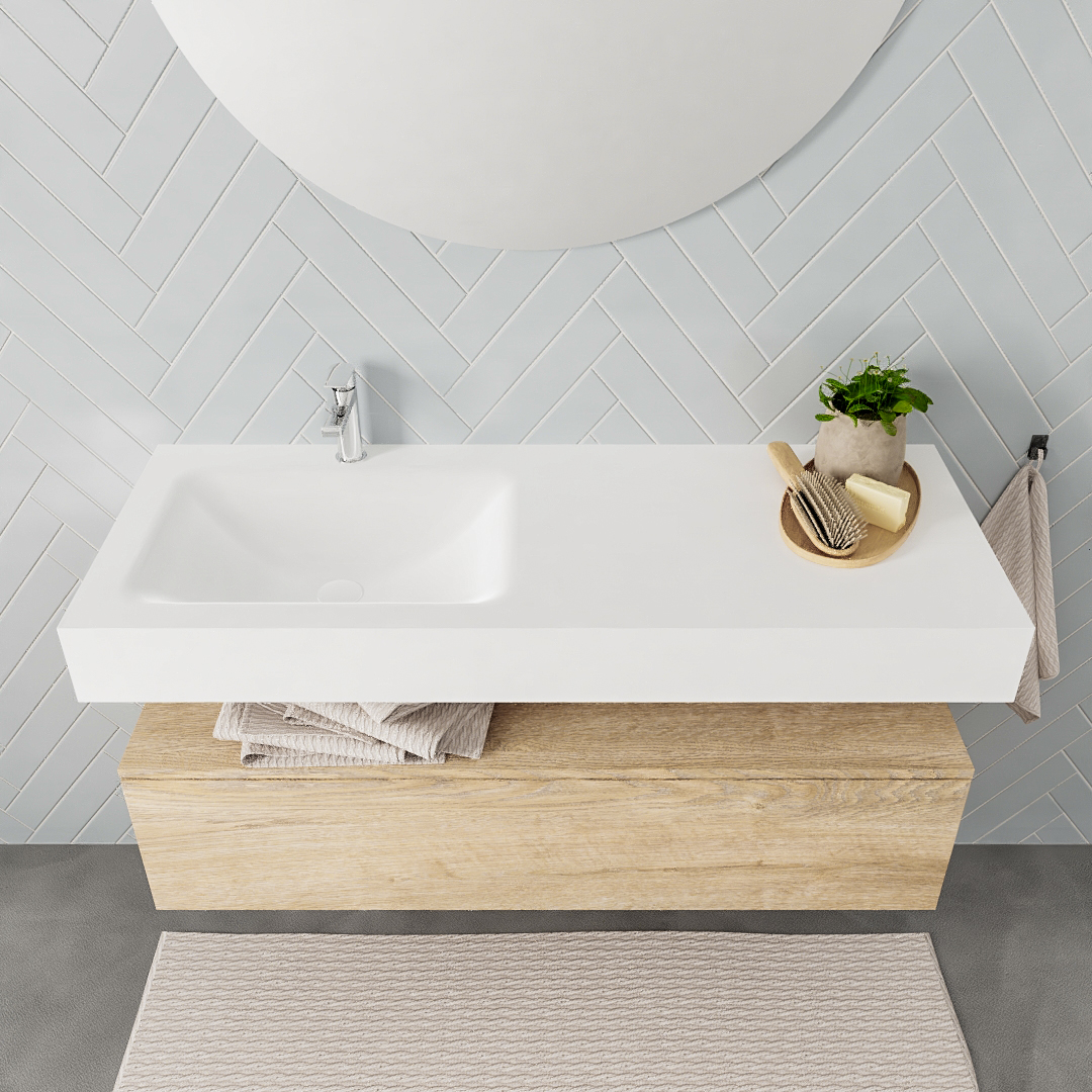 Mueble suspendido ALAN 120 cm de 1 cajón roble lavabo. Encimera con lavabo CLOUD izquierda 1 orificio blanco mate - Imagen 7