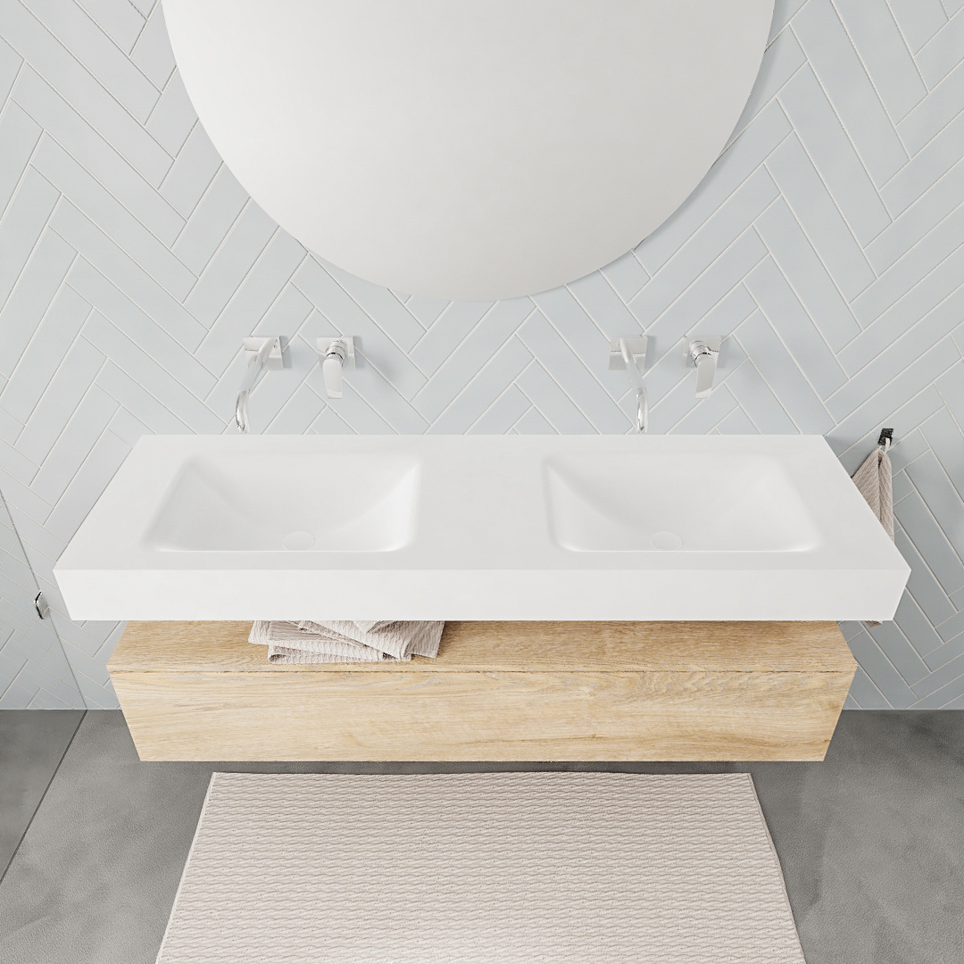Mueble suspendido ALAN 150 cm de 1 cajón roble lavabo. Encimera con lavabo CLOUD doble sin orificio blanco mate - Imagen 7