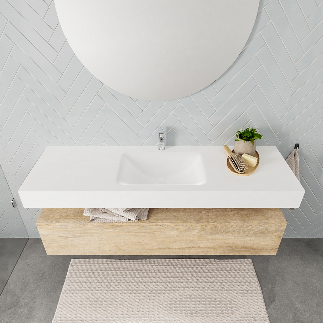Mueble suspendido ALAN 150 cm de 1 cajón roble lavabo. Encimera con lavabo CLOUD centro 1 orificio blanco mate 7 Mueble suspendido ALAN 150 cm de 1 cajón roble lavabo. Encimera con lavabo CLOUD centro 1 orificio blanco mate - Imagen 7
