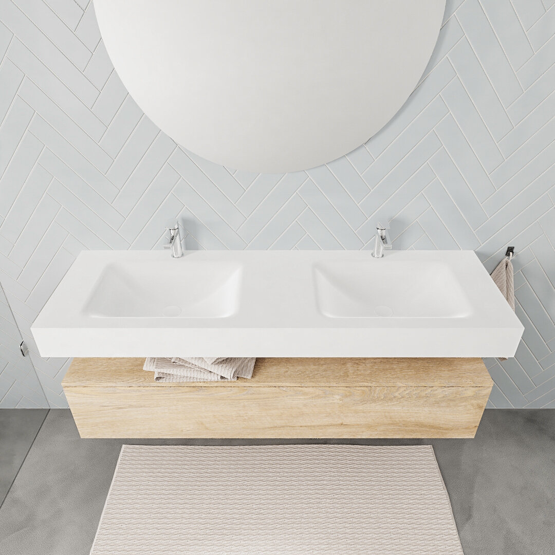 Mueble suspendido ALAN 150 cm de 1 cajón roble lavabo. Encimera con lavabo CLOUD doble 2 orificios blanco mate - Imagen 7