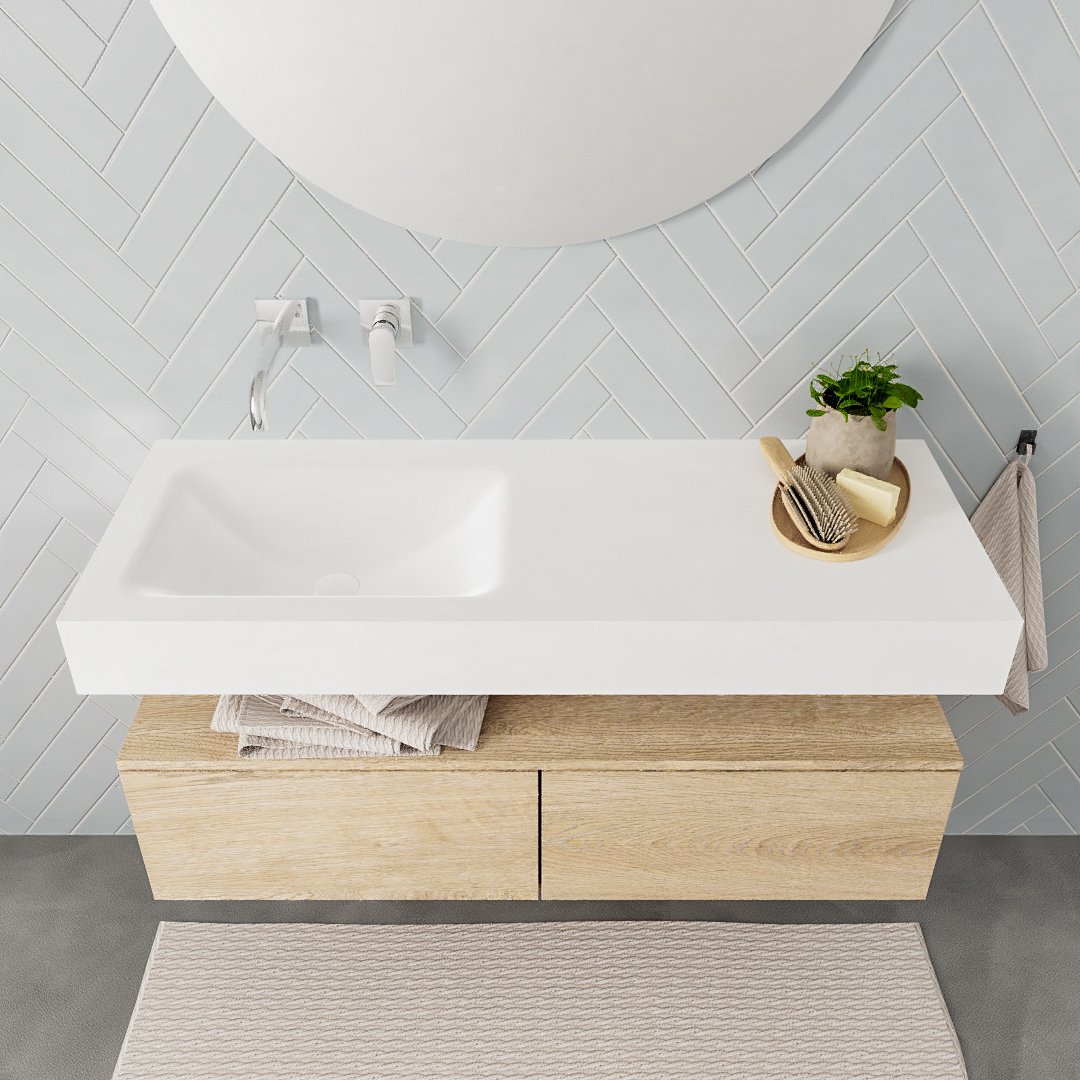 Mueble suspendido ALAN 120 cm de 2 cajones roble lavabo. Encimera con lavabo CLOUD izquierda sin orificio blanco mate - Imagen 7