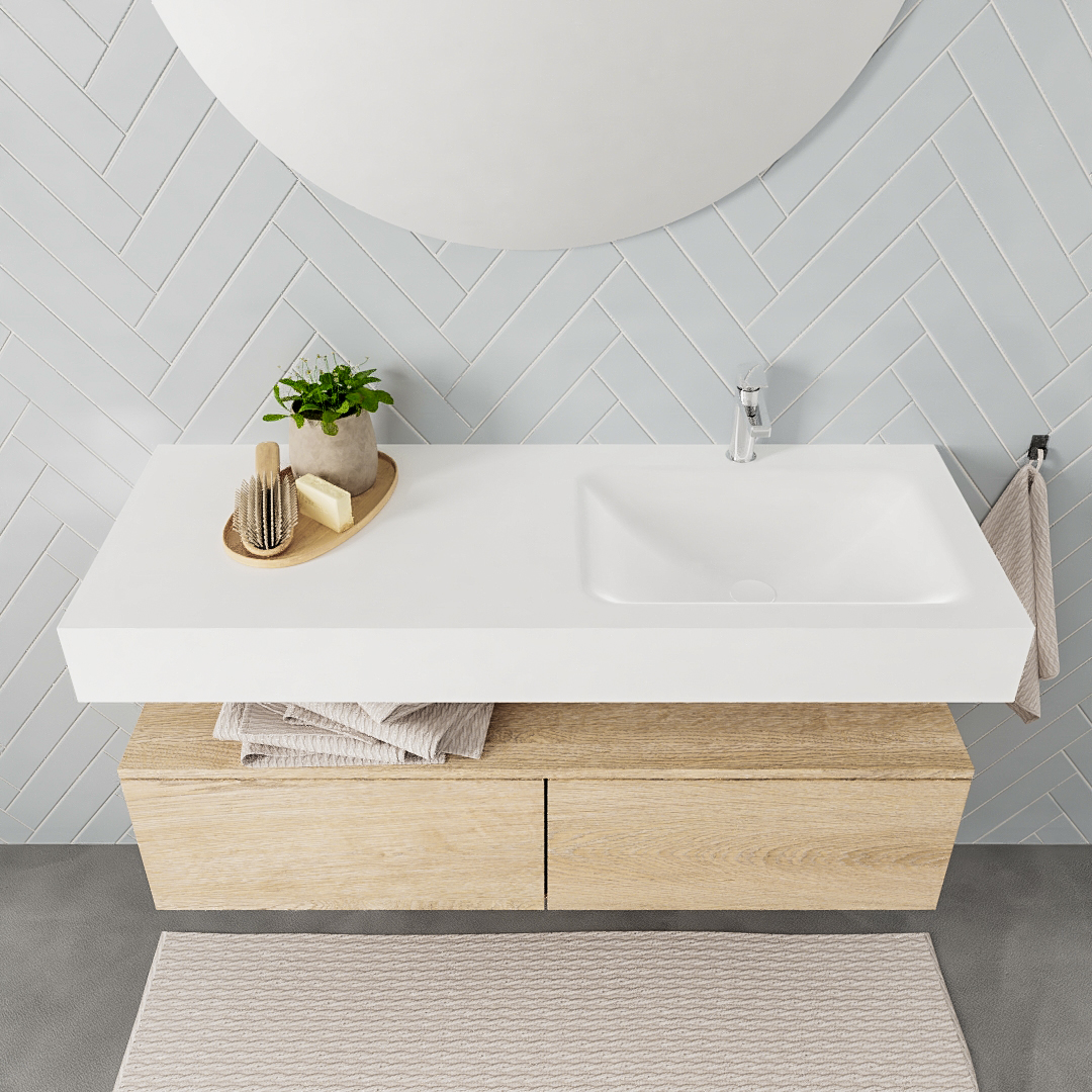 Mueble suspendido ALAN 120 cm de 2 cajones roble lavabo. Encimera con lavabo CLOUD derecha 1 orificio blanco mate 7 Mueble suspendido ALAN 120 cm de 2 cajones roble lavabo. Encimera con lavabo CLOUD derecha 1 orificio blanco mate - Imagen 7