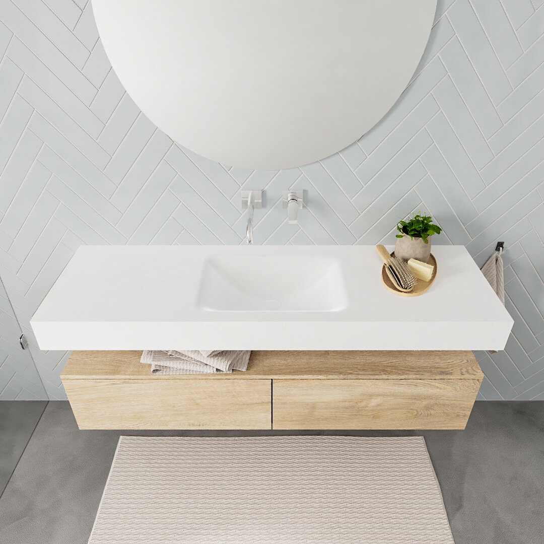 Mueble suspendido ALAN 150 cm de 2 cajones roble lavabo. Encimera con lavabo CLOUD centro sin orificio blanco mate - Imagen 7