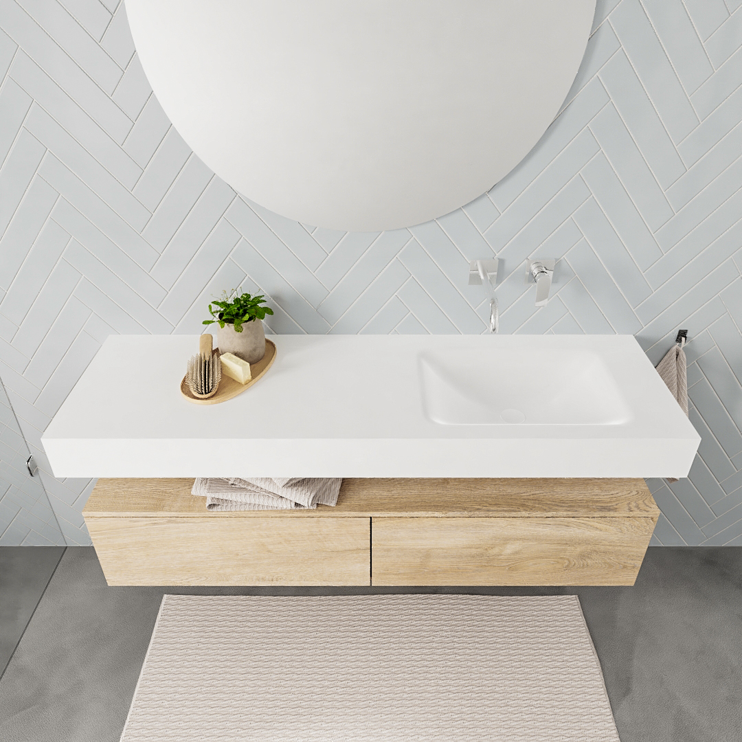 Mueble suspendido ALAN 150 cm de 2 cajones roble lavabo. Encimera con lavabo CLOUD derecha sin orificio blanco mate - Imagen 7