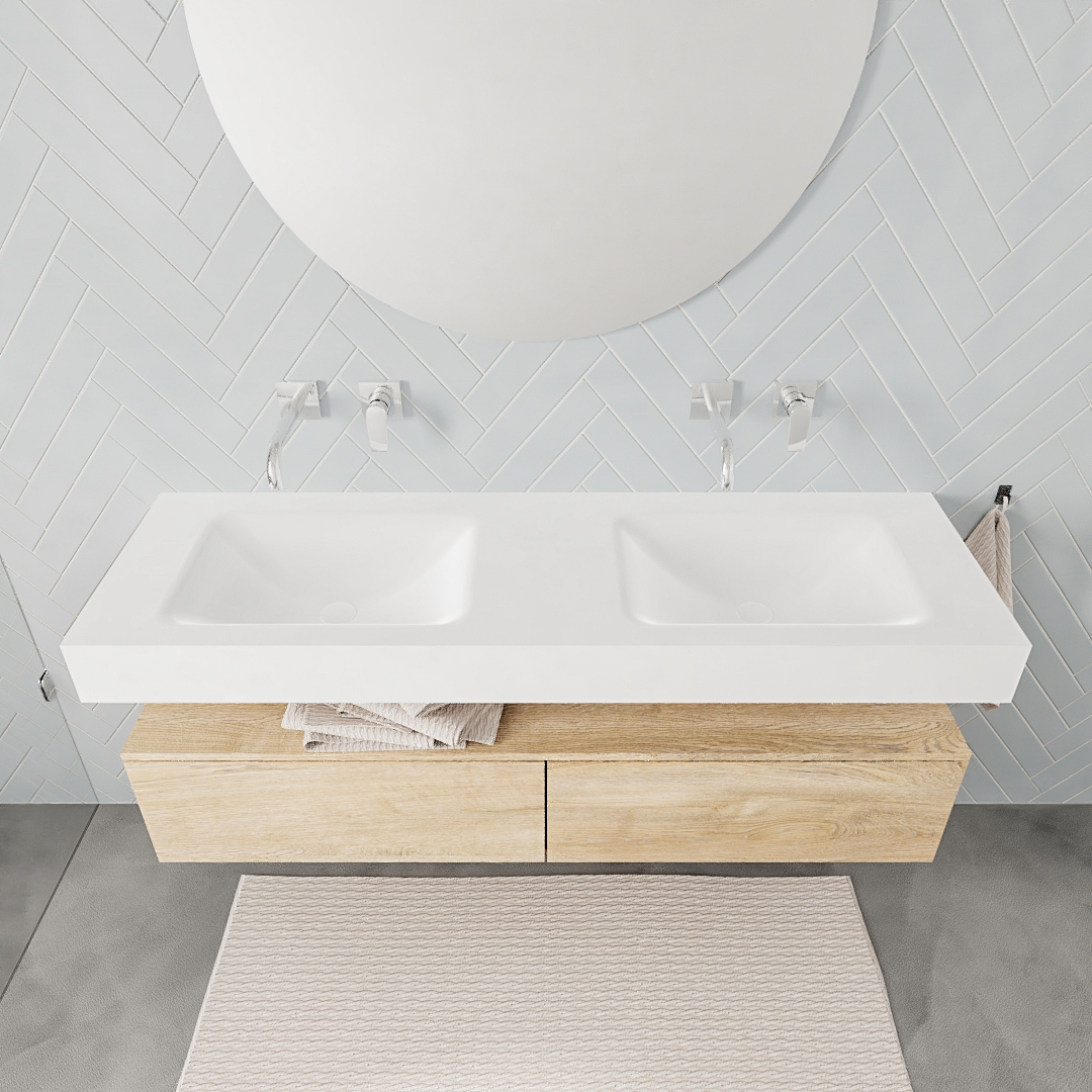 Mueble suspendido ALAN 150 cm de 2 cajones roble lavabo. Encimera con lavabo CLOUD doble sin orificio blanco mate - Imagen 7