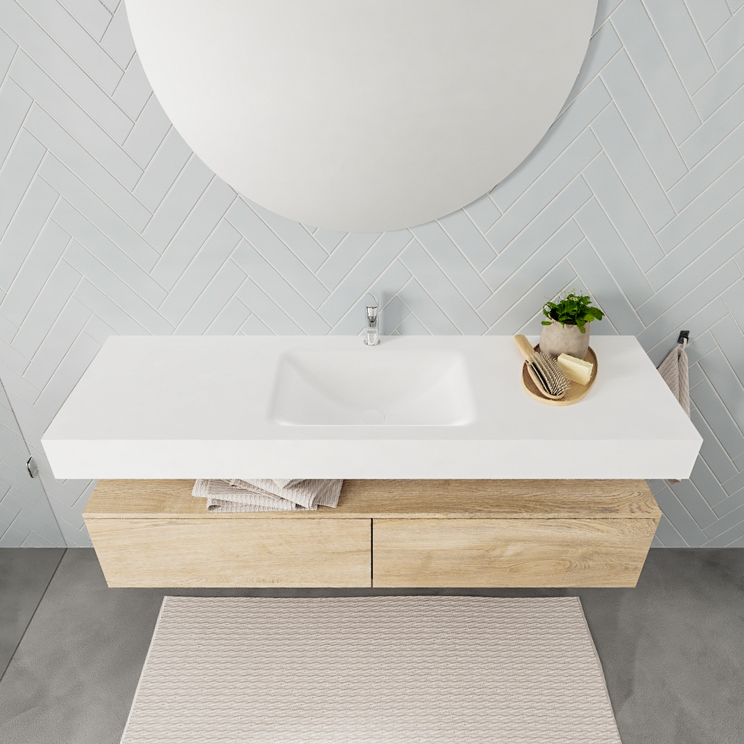 Mueble suspendido ALAN 150 cm de 2 cajones roble lavabo. Encimera con lavabo CLOUD centro 1 orificio blanco mate - Imagen 7