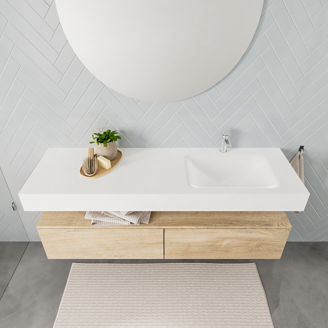 Mueble suspendido ALAN 150 cm de 2 cajones roble lavabo. Encimera con lavabo CLOUD derecha 1 orificio blanco mate 7 Mueble suspendido ALAN 150 cm de 2 cajones roble lavabo. Encimera con lavabo CLOUD derecha 1 orificio blanco mate - Imagen 7