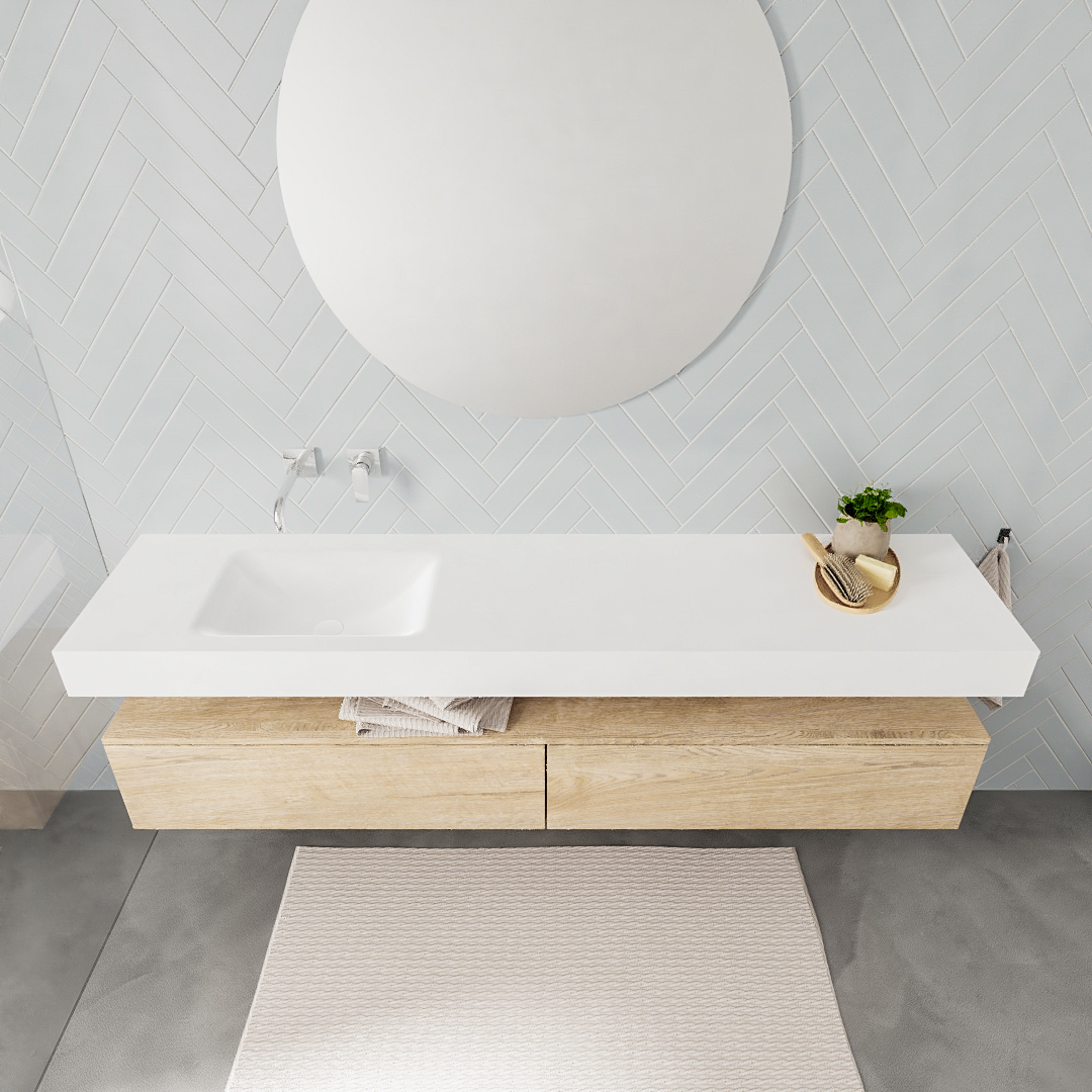 Mueble suspendido ALAN 200 cm de 2 cajones roble lavabo. Encimera con lavabo CLOUD izquierda sin orificio blanco mate - Imagen 7