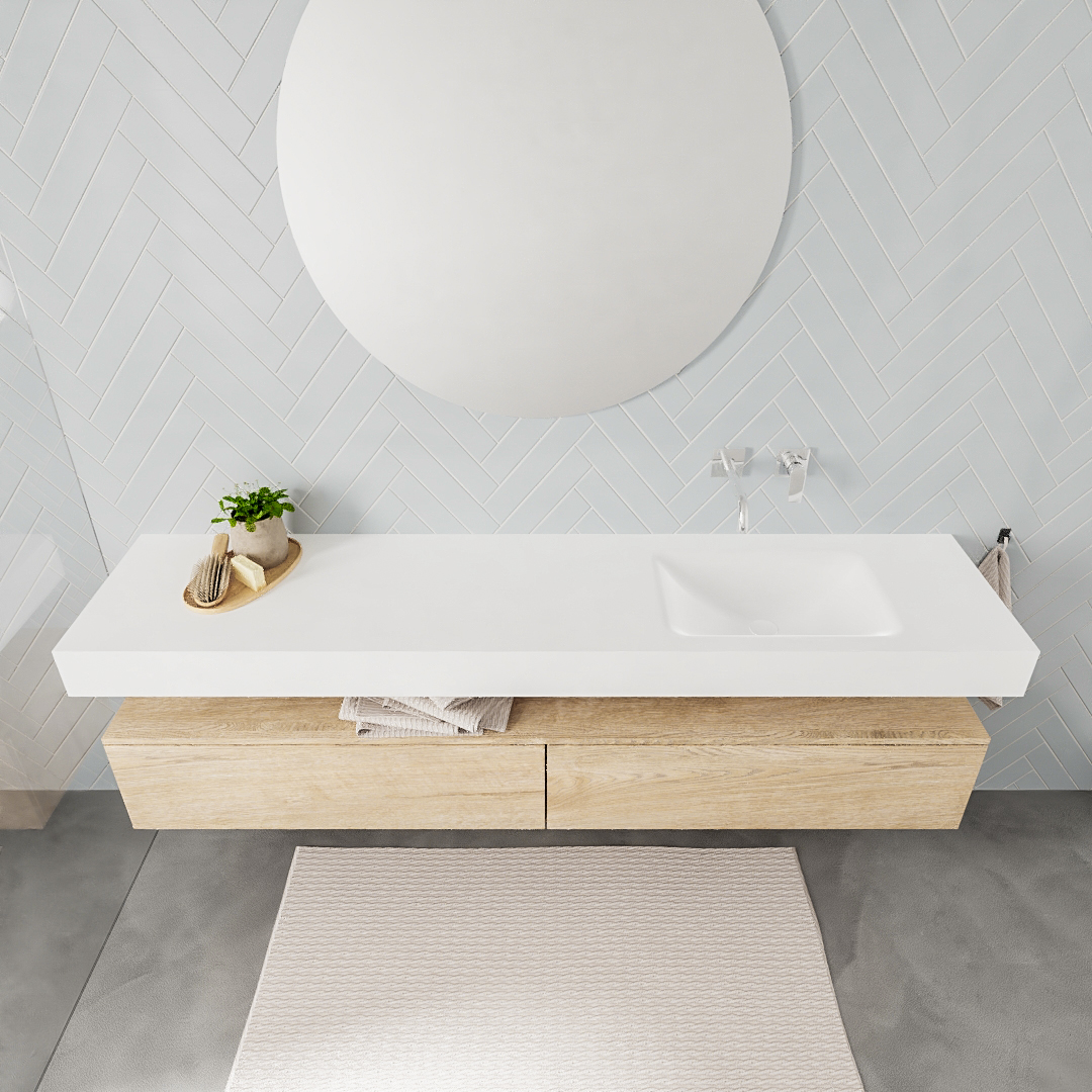 Mueble suspendido ALAN 200 cm de 2 cajones roble lavabo. Encimera con lavabo CLOUD derecha sin orificio blanco mate 7 Mueble suspendido ALAN 200 cm de 2 cajones roble lavabo. Encimera con lavabo CLOUD derecha sin orificio blanco mate - Imagen 7
