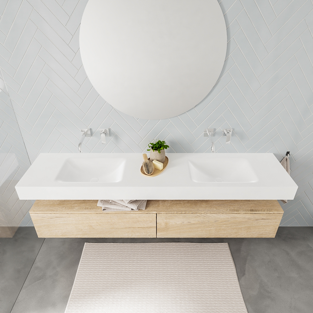 Mueble suspendido ALAN 200 cm de 2 cajones roble lavabo. Encimera con lavabo CLOUD doble sin orificio blanco mate - Imagen 7