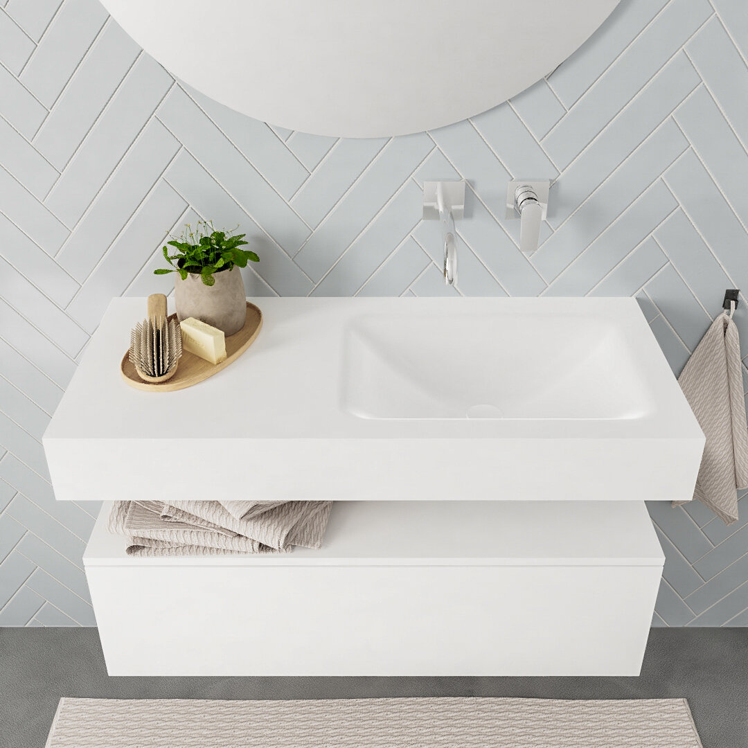 Mueble suspendido ALAN 100 cm de 1 cajón blanco mate. Encimera con lavabo CLOUD derecha sin orificio blanco mate 8 Mueble suspendido ALAN 100 cm de 1 cajón blanco mate. Encimera con lavabo CLOUD derecha sin orificio blanco mate - Imagen 8