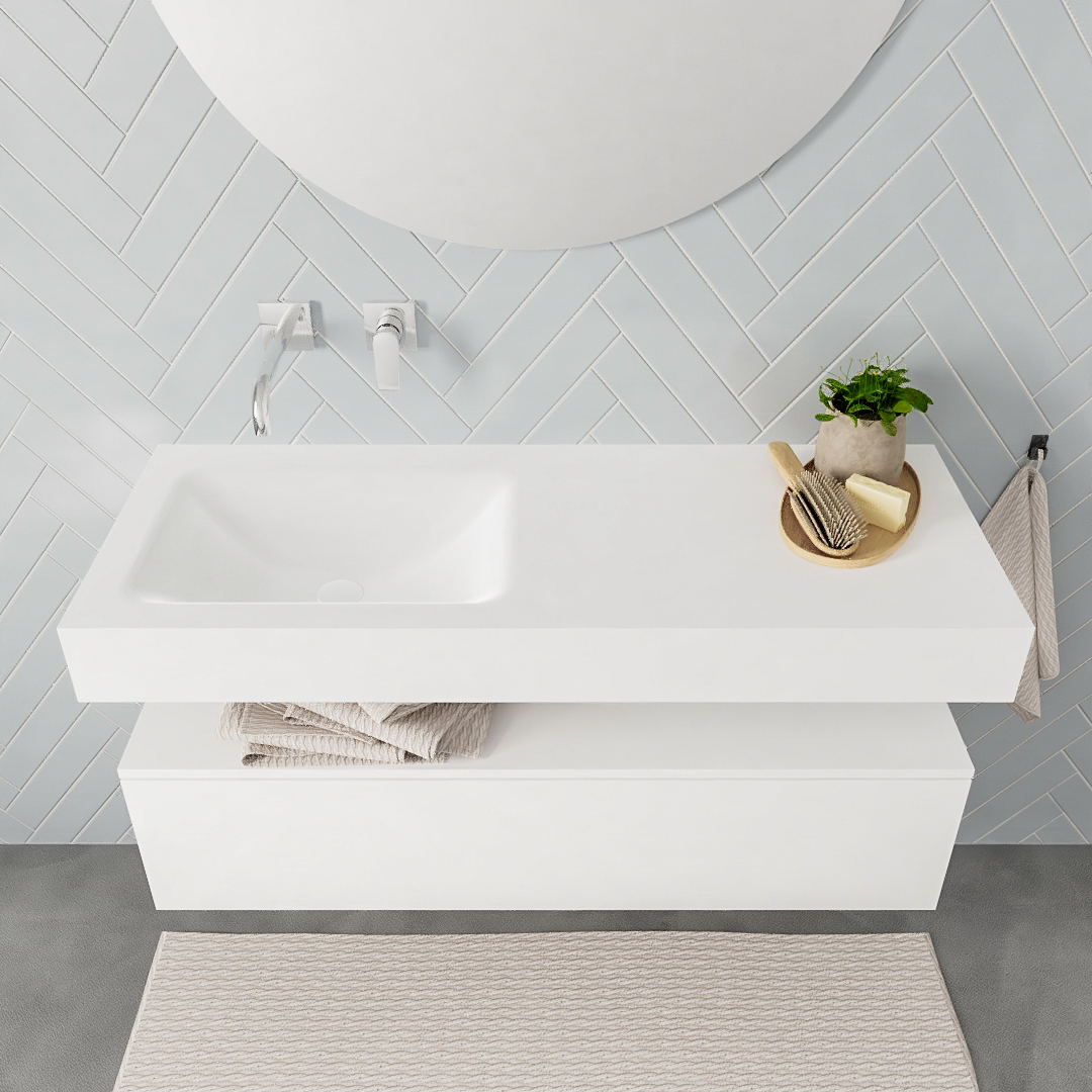 Mueble suspendido ALAN 120 cm de 1 cajón blanco mate. Encimera con lavabo CLOUD izquierda sin orificio blanco mate - Imagen 8
