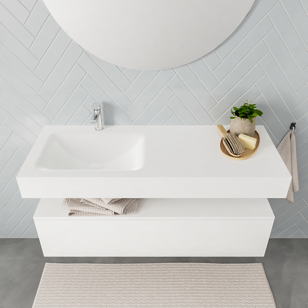 Mueble suspendido ALAN 120 cm de 1 cajón blanco mate. Encimera con lavabo CLOUD izquierda 1 orificio blanco mate - Imagen 8
