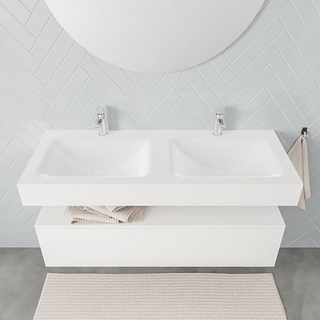 Mueble suspendido ALAN 120 cm de 1 cajón blanco mate. Encimera con lavabo CLOUD doble 2 orificios blanco mate 8 Mueble suspendido ALAN 120 cm de 1 cajón blanco mate. Encimera con lavabo CLOUD doble 2 orificios blanco mate - Imagen 8