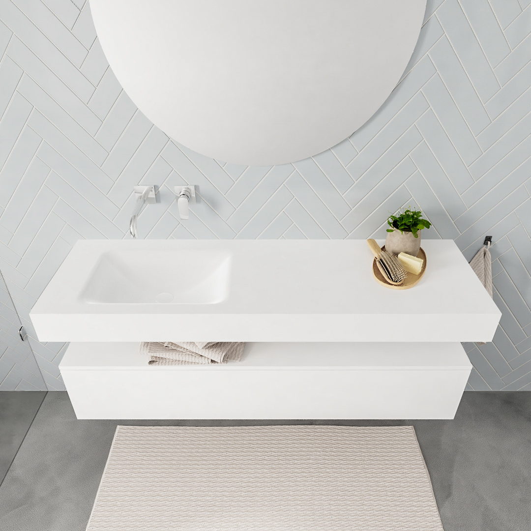 Mueble suspendido ALAN 150 cm de 1 cajón blanco mate. Encimera con lavabo CLOUD izquierda sin orificio blanco mate - Imagen 8