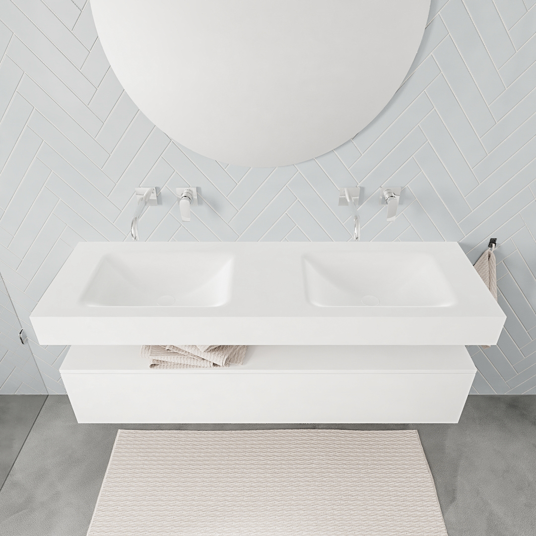 Mueble suspendido ALAN 150 cm de 1 cajón blanco mate. Encimera con lavabo CLOUD doble sin orificio blanco mate 8 Mueble suspendido ALAN 150 cm de 1 cajón blanco mate. Encimera con lavabo CLOUD doble sin orificio blanco mate - Imagen 8