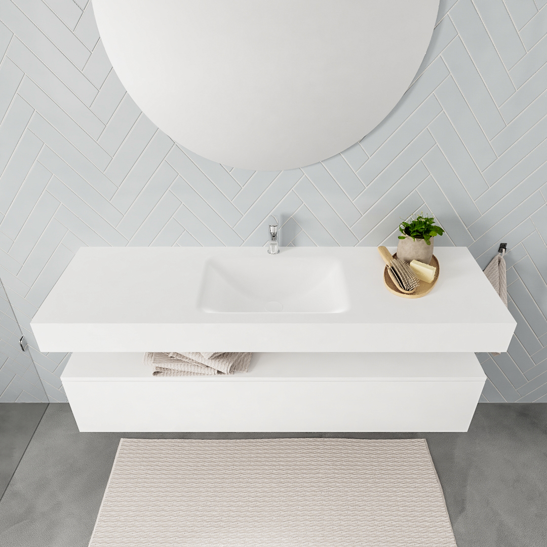 Mueble suspendido ALAN 150 cm de 1 cajón blanco mate. Encimera con lavabo CLOUD centro 1 orificio blanco mate - Imagen 8