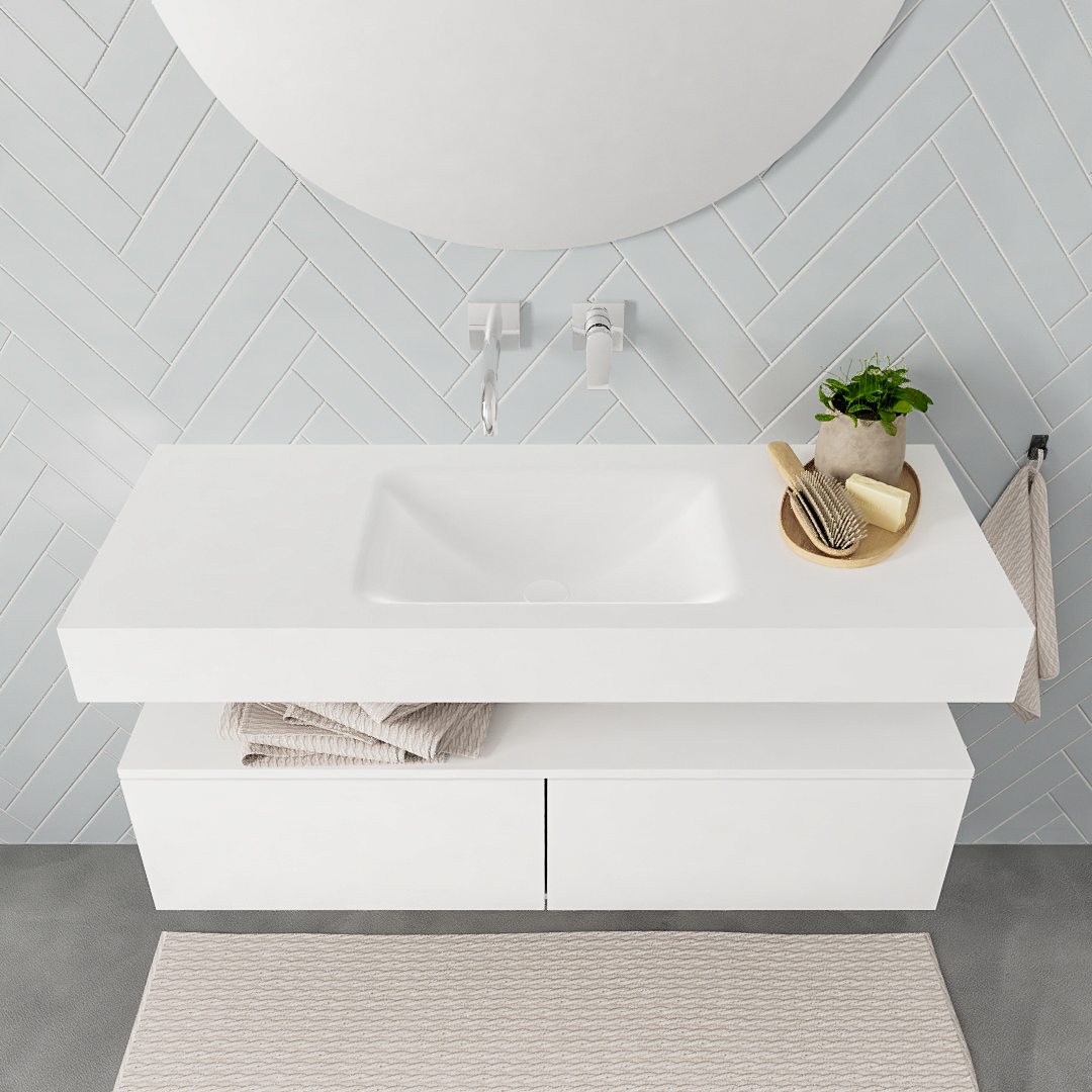 Mueble suspendido ALAN 120 cm de 2 cajones blanco mate. Encimera con lavabo CLOUD centro sin orificio blanco mate 8 Mueble suspendido ALAN 120 cm de 2 cajones blanco mate. Encimera con lavabo CLOUD centro sin orificio blanco mate - Imagen 8