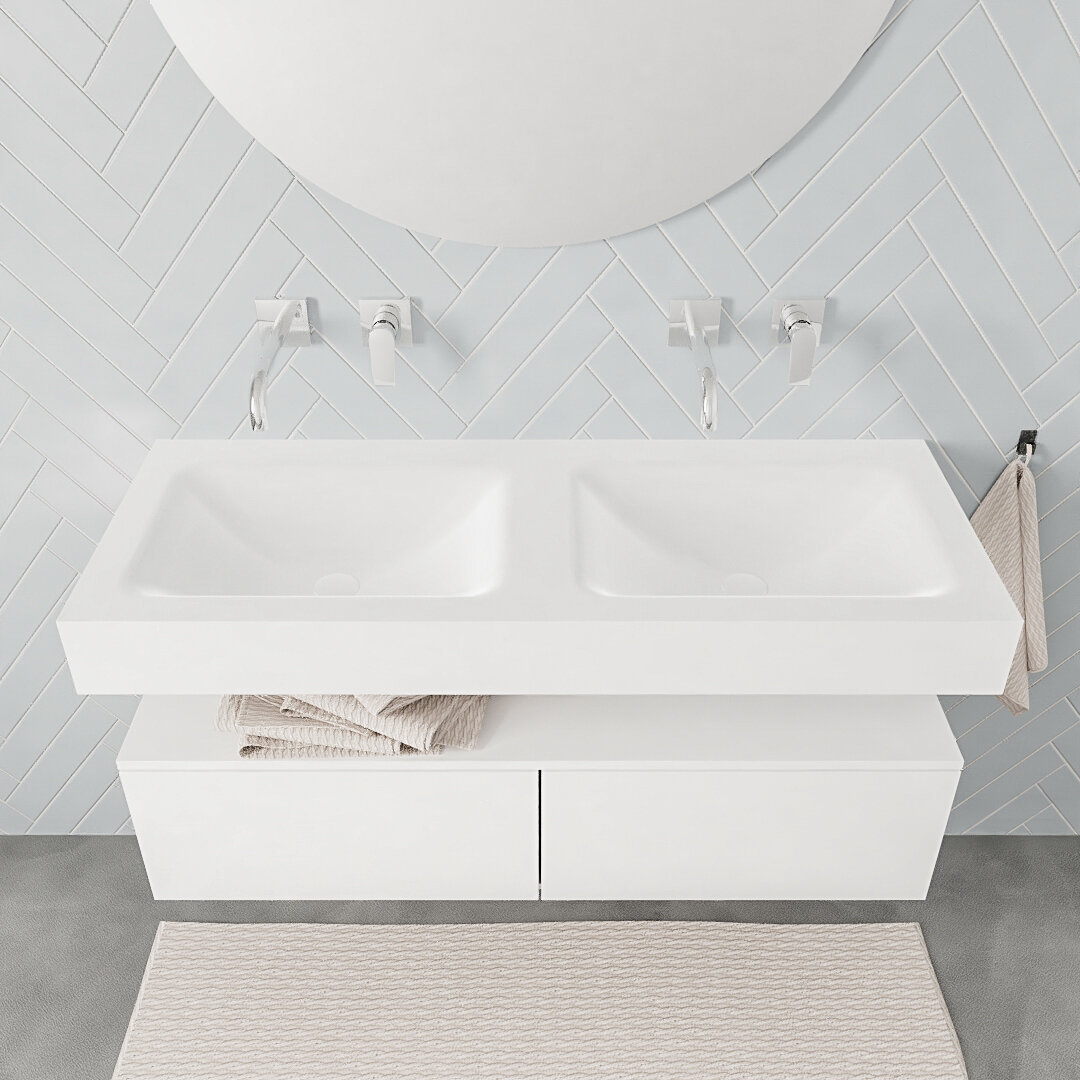 Mueble suspendido ALAN 120 cm de 2 cajones blanco mate. Encimera con lavabo CLOUD doble sin orificio blanco mate 8 Mueble suspendido ALAN 120 cm de 2 cajones blanco mate. Encimera con lavabo CLOUD doble sin orificio blanco mate - Imagen 8