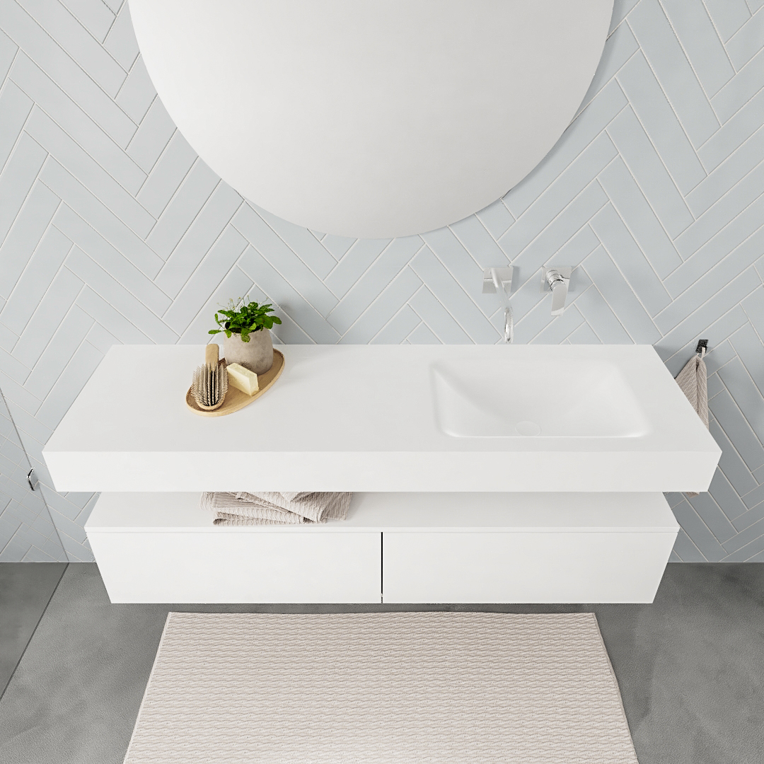 Mueble suspendido ALAN 150 cm de 2 cajones blanco mate. Encimera con lavabo CLOUD derecha sin orificio blanco mate - Imagen 8