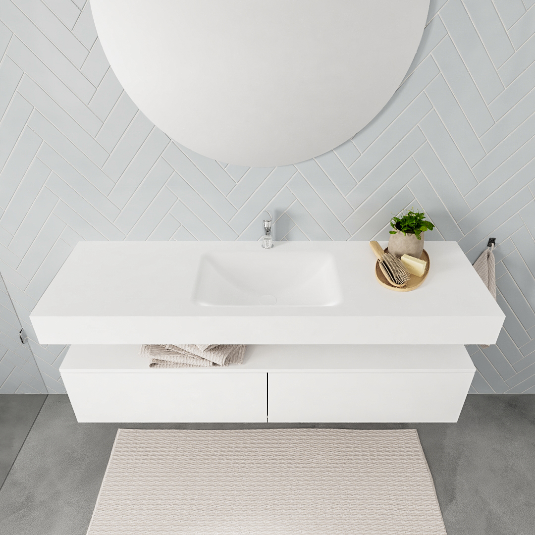 Mueble suspendido ALAN 150 cm de 2 cajones blanco mate. Encimera con lavabo CLOUD centro 1 orificio blanco mate 8 Mueble suspendido ALAN 150 cm de 2 cajones blanco mate. Encimera con lavabo CLOUD centro 1 orificio blanco mate - Imagen 8
