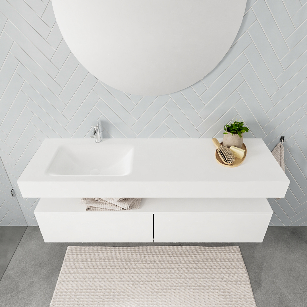 Mueble suspendido ALAN 150 cm de 2 cajones blanco mate. Encimera con lavabo CLOUD izquierda 1 orificio blanco mate - Imagen 8