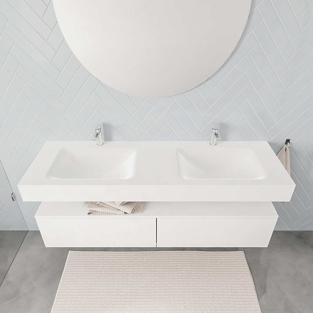 Mueble suspendido ALAN 150 cm de 2 cajones blanco mate. Encimera con lavabo CLOUD doble 2 orificios blanco mate - Imagen 8