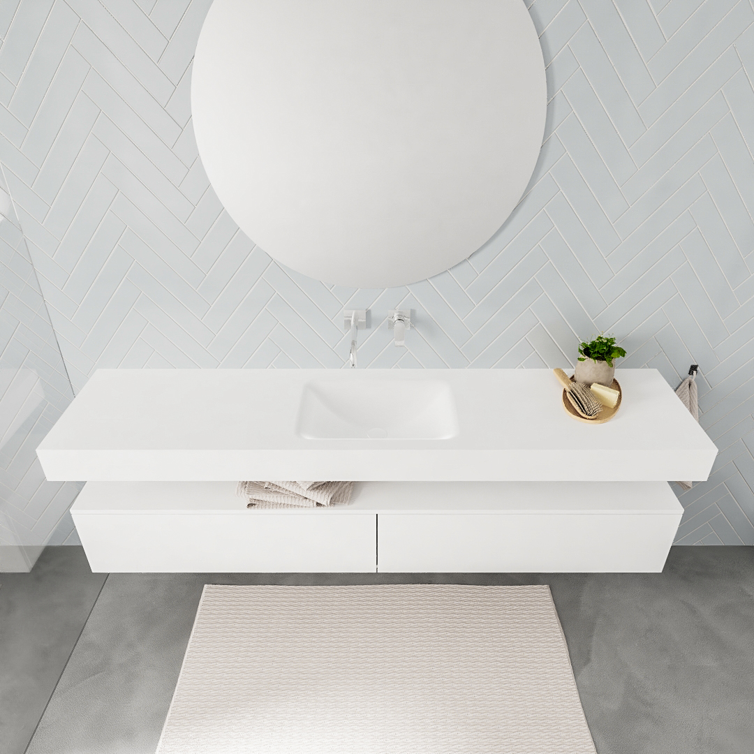 Mueble suspendido ALAN 200 cm de 2 cajones blanco mate. Encimera con lavabo CLOUD centro sin orificio blanco mate - Imagen 8