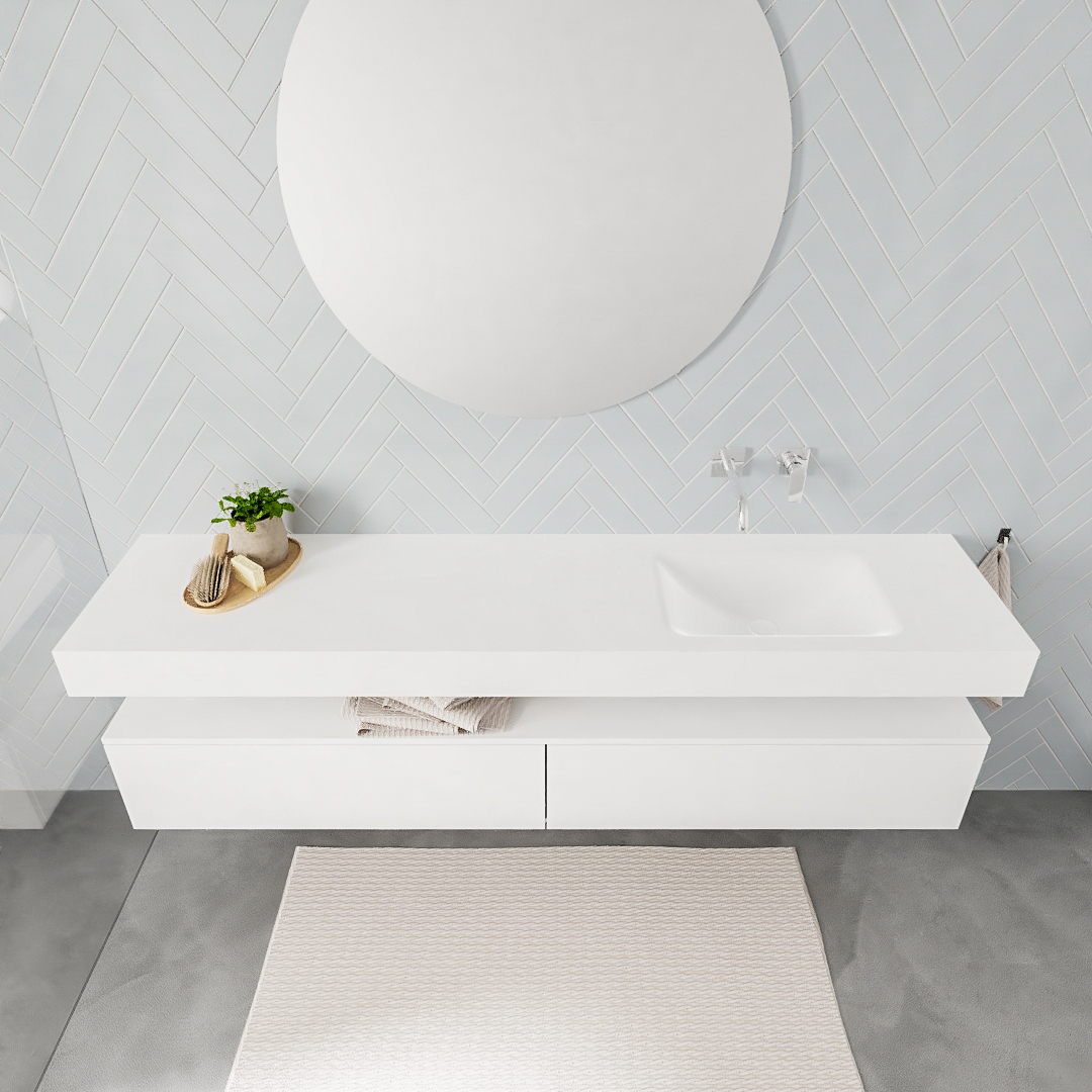 Mueble suspendido ALAN 200 cm de 2 cajones blanco mate. Encimera con lavabo CLOUD derecha sin orificio blanco mate - Imagen 8