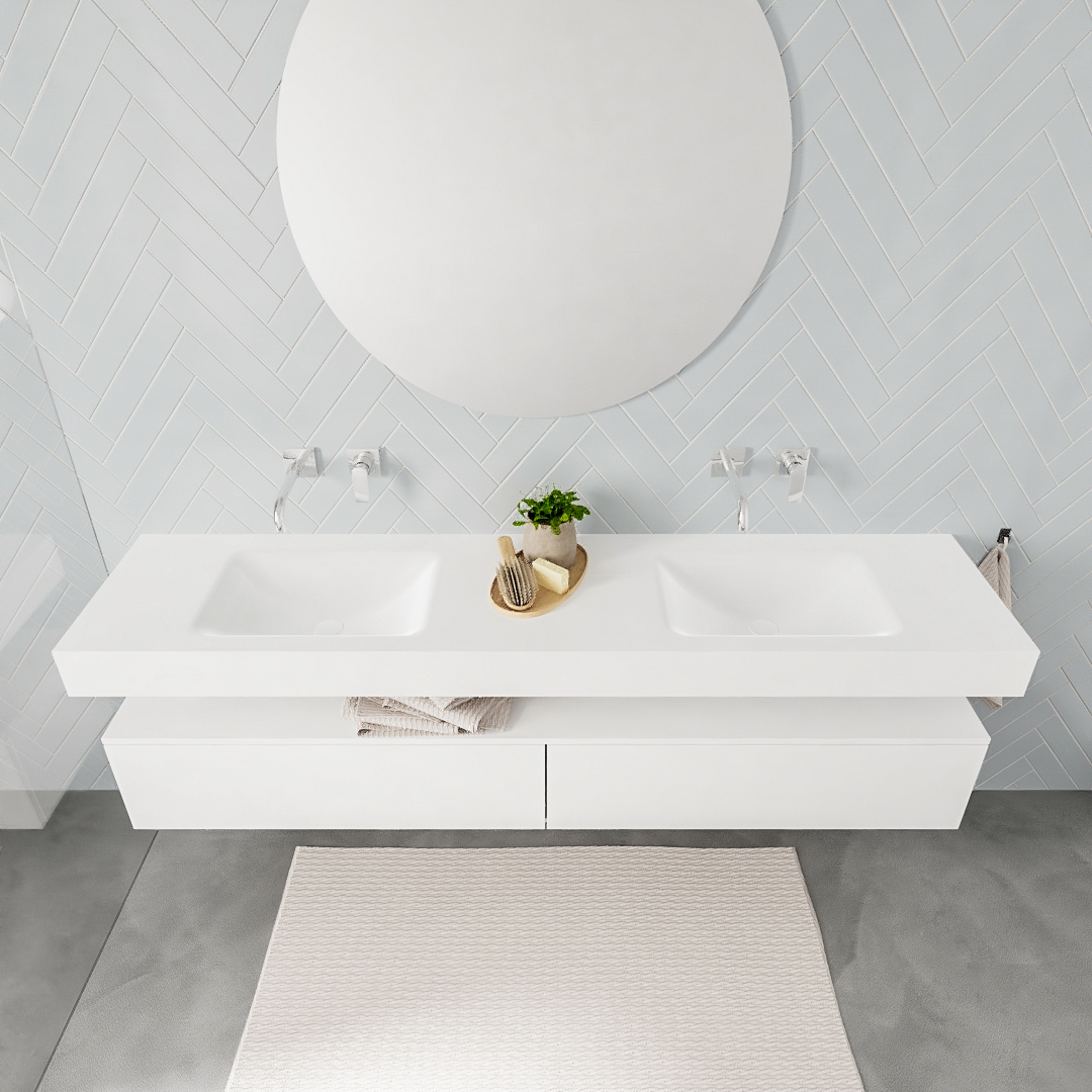 Mueble suspendido ALAN 200 cm de 2 cajones blanco mate. Encimera con lavabo CLOUD doble sin orificio blanco mate - Imagen 8