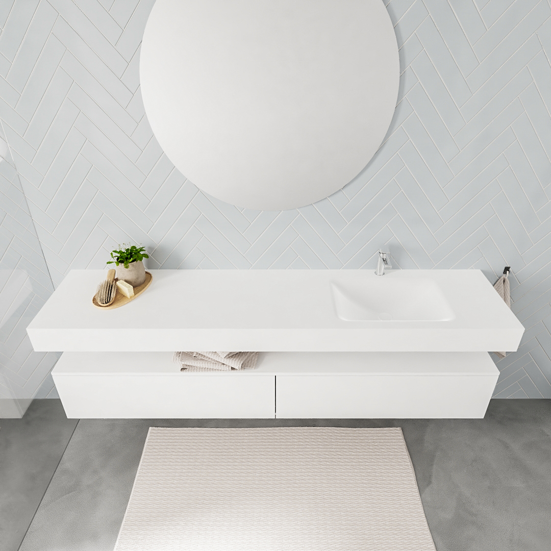 Mueble suspendido ALAN 200 cm de 2 cajones blanco mate. Encimera con lavabo CLOUD derecha 1 orificio blanco mate - Imagen 8