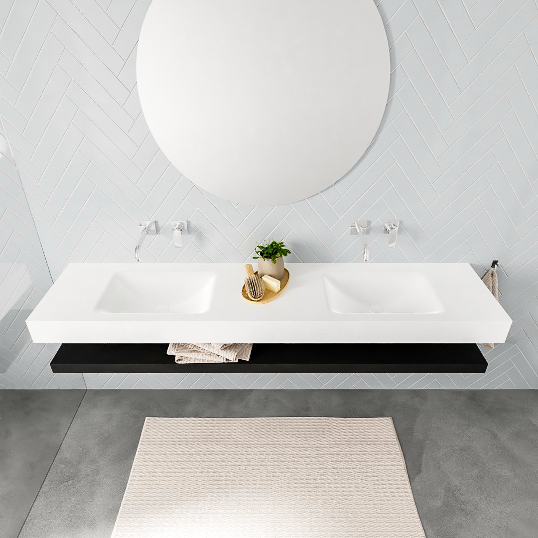 Mueble suspendido ALAN 200 cm de Sin cajones urban. Encimera con lavabo CLOUD doble sin orificio blanco mate - Imagen 8